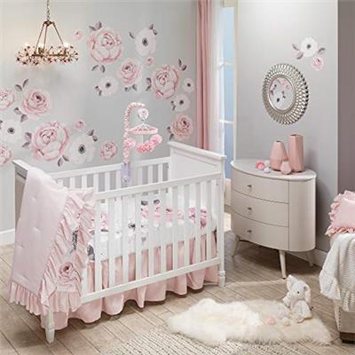 Lambs & Ivy Floral Garden Watercolor/Pink Linen 5-Piece Baby Crib Bedding Set