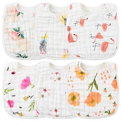 Zainpe 6Pcs Snap Muslin Cotton Bibs for Baby Flamingo Star Flower, Machine Washable Adjustable Burp Cloths with 6 Absorbent Soft Layers for Infant New