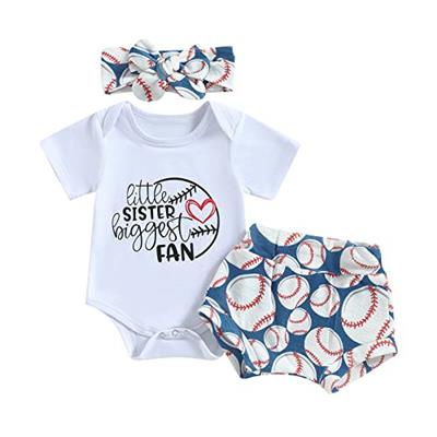 Omkzanbi Newborn Baby Girl Baseball Outfit Little Sister Biggest Fan Onesie Baseball Bloomers Shorts 3PCS Cute Summer Clothes (White, 12-18 Months)