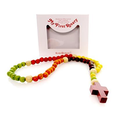 Vibrant Red Green 20.5 Wood Beaded Childrens Rosary