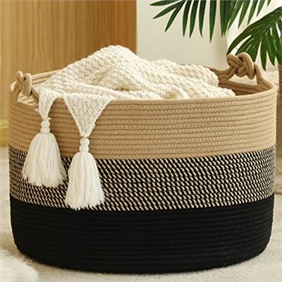 KAKAMAY Large Blanket Basket (20x13),Woven Rope Baskets for storage Baby Laundry Hamper, Cotton Rope Blanket Basket for Living Room, Laundry, Nurser