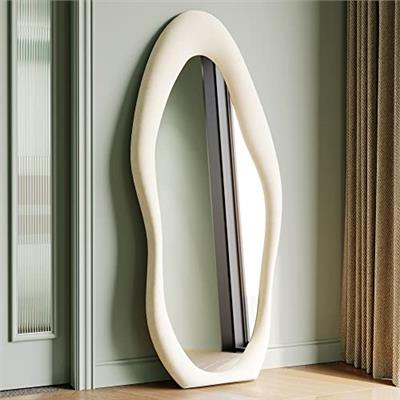 Honyee Full Length Mirror, 63 x 24 Wall Mirror, Flannel Wrapped Wooden Frame Full Body Mirror, Irregular Wavy Mirror Hanging or Leaning Against Wall