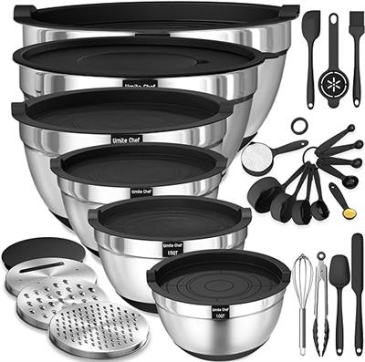 Amazon.com: Umite Chef Mixing Bowls with Airtight Lids, 26Pcs Stainless Steel Bowls Set, 3 Grater Attachments & Black Non-Slip Bottoms Size 7, 4, 2.5,