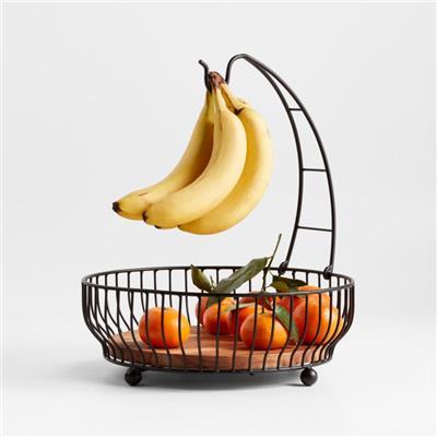 Cora Black Acacia Wood Fruit Basket with Banana Hanger   Reviews | Crate & Barrel Canada