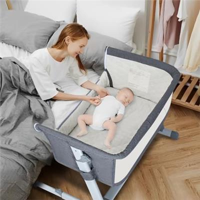 PEARLOVE Upgraded 3 in 1 Baby Bassinet Bedside Sleeper, Bedside Crib with 6 Adjustable Height, Soft Mattress & Wheels, Portable Easy to Assemble Bassi