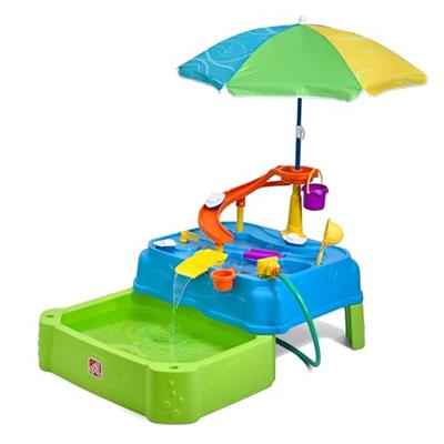 Step2 Waterpark Wonders Two-Tier Kids Water Table, Indoor and Outdoor Water Sensory Table with Umbrella, Toddlers Ages 1.5+ Years Old, 11 Piece Water