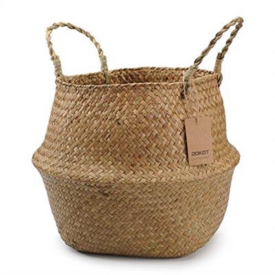 DOKOT Seagrass Plant Basket with Handles, Woven Storage Basket, 7inch Diameter x 8inch Height