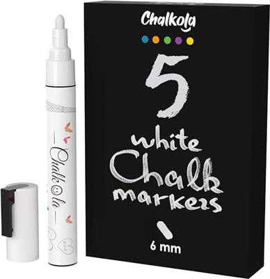 Chalkola White Chalk Markers for Blackboard, Chalkboard Sign, Window, Bistro, Car, Glass (5 Pack 6mm) - Liquid Chalkboard Markers Erasable - Paint Cha