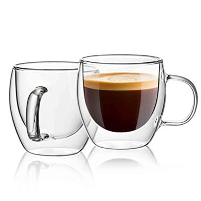 Sweese 5oz Double Wall Glass Espresso Cups Set of 2, Insulated Glass Coffee Cups with Handle Perfect for Cappuccino, Latte, Tea, Clear Glass Espresso