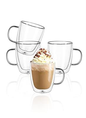 Sweese Double Walled Coffee Mugs - 12.5 oz Clear Coffee Mugs, Glass, Set of 4, Perfect for Cappuccino, Latte, Americano, Tea Bag, Beverage