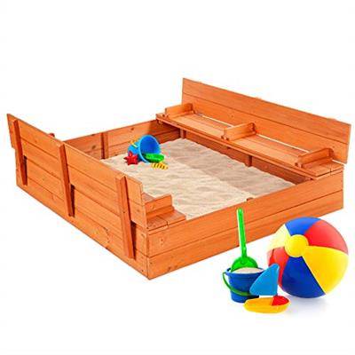 Best Choice Products 47x47in Kids Large Wooden Sandbox for Backyard, Outdoor Play w/Cedar Wood, 2 Foldable Bench Seats, Sand Protection, Bottom Liner