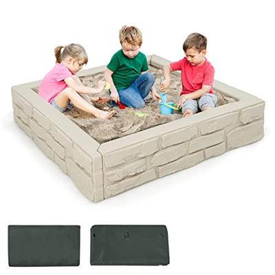Costzon Kids Sandbox with Cover, 47x 47 HDPE Sand Box w/Oxford Cover, Bottom Liner, Reinforced Structure, Weather Resistant Outdoor Sand Pit for Bac