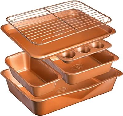Gotham Steel 6 Pc Stackable Bakeware Set/Baking Pans Set Nonstick with Oven Pans + Baking Sheet Set and Wire Rack, Complete Baking Set for Kitchen, Ov