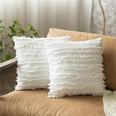 WLANSMO Decorative Ivory White Boho Throw Pillow Covers Linen Striped Jacquard Pattern Cushion Covers for Sofa Couch Living Room Bedroom 18 x 18 Inch