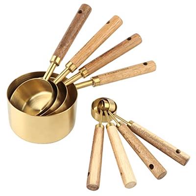 8 Piece Measuring Cups and Spoons Set Stainless Steel Measuring Cups and Spoons with Wood Handle for Dry and Liquid Ingredients(Golden)