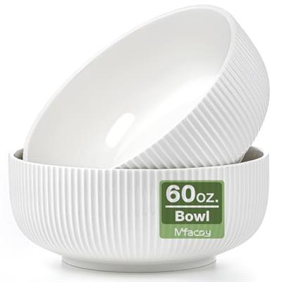 Mfacoy 2 Pack Salad Bowl, 8 inch 60 oz Large Serving Bowl Set, Deep Bowl for Kitchen, White Ceramic Bowl Set for Soup, Cereal, Ramen, Pasta, Salad, Di