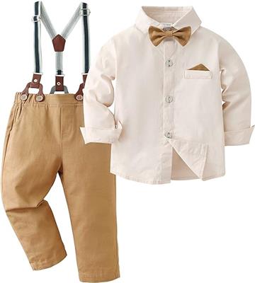 Amazon.com: DISAUR Boy Clothes Suits, Big Kid Dress Shirt With Bowtie   Suspender Pants Outfit Sets Gentleman Wedding(Beige,6-7 Years): Clothing, Shoe