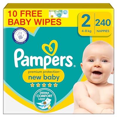 Pampers Premium Protection New Baby Size 2, 240 Nappies, 4kg-8kg, Monthly Pack + Pampers Harmonie Aqua Baby Wipes 10 Count