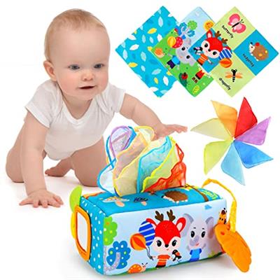 PROACC Baby Tissue Box Toy - Baby Toys 0-6 Months Soft Stuffed High Contrast Crinkle Montessori Square Sensory Toys for Babies Magic Tissue Box Early