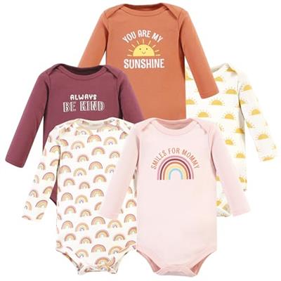 Hudson Baby Unisex Baby Cotton Long-Sleeve Bodysuits, Sunshine Rainbows 5-Pack, Newborn