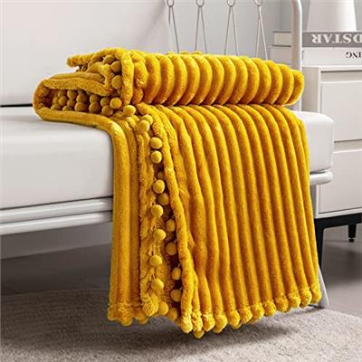 DISSA Fleece Blanket Queen Size – 90x90, Yellow - Soft, Plush, Fluffy, Fuzzy, Warm, Cozy – Perfect Throw for Couch, Bed, Sofa - with Pompom Fringe - F