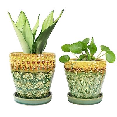 YFFSRJDJ 6 Inch + 5 Inch Ceramic Planter Pot with Drainage Holes, Saucers and Mesh Pads for Indoor-Outdoor Plants, Succulent Orchid Flower, Round Plan