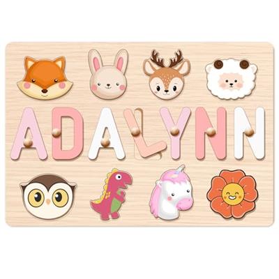 Aumuko Name Puzzle for Kids Personalized, Custom Baby Gifts with Engraved Text Greetings on Back, Baby 1st Birthday Gifts for Girl and Boy, Wooden Puz