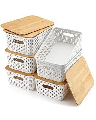 EOENVIVS Set of 6 Storage Baskets With Bamboo Lids, Plastic Storage Bins for Pantry Organization and Storage Containers for Shelves Drawers Desktop Cl