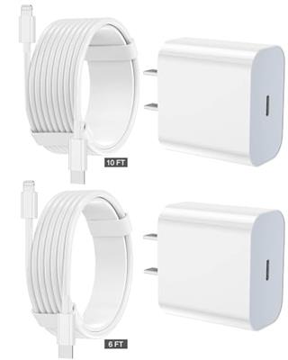 FEEL2NICE iPhone Charger Fast Charging 2 Pack Type C Wall Charger Block with 2 Pack [6FT&10FT] Long USB C to Lightning Cable for iPhone 14/13/12/12 Pr