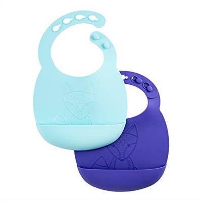 Dr. Browns Baby Bib with Adjustable Collar and Fox Design, 100% Silicone & Waterproof, Teal/Purple, 2-Pack