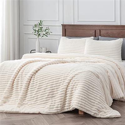 BEDELITE Fleece King Comforter Set -Super Soft & Warm Fluffy White Bedding, Luxury Fuzzy Heavy Bed Set for Winter with 2 Pillow Cases
