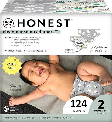 Amazon.com: The Honest Company Clean Conscious Diapers | Plant-Based, Sustainable | Pandas   Barnyard Babies | Super Club Box, Size 2 (12-18 lbs), 124