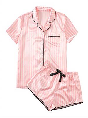WDIRARA Womens Satin Sleepwear Short Sleeve Button Shirt and Shorts Pajama Set Silky PJ Striped Pink L
