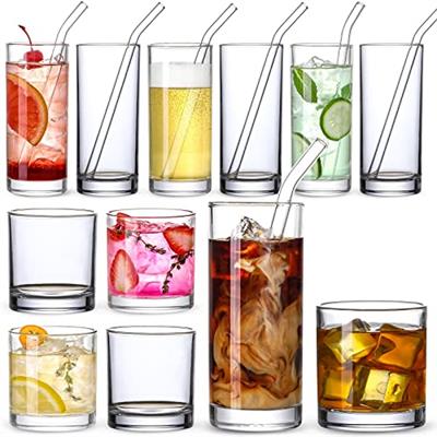 12-Pack 12oz Glass Cups with Straws, Drinkware Glasses Set for Water, Coffee, Cocktails