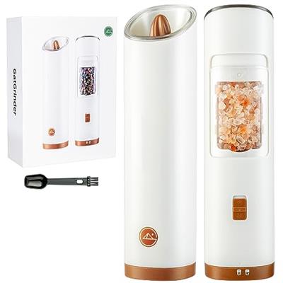 GATGOODS Gravity Electric Salt and Pepper Grinder Set, Adjustable Coarseness, Warm LED Light, One-handed Automatic Operation, Battery Powered, White,
