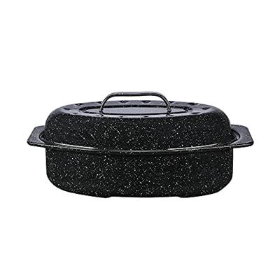 Granite Ware 13-inch oval roaster with Lid. Enameled steel design to accommodate up to 7 lb poultry/roast. Resists up to 932°F. Ideal for preparing me