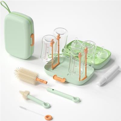Suvast 7in1 Travel Bottle Cleaner kit,Baby Essentials, with Bottle Brush、Nipple Brush、Straw Cleaner Brush、Soap Dispenser、Bottle Drying Rack、Drainage T