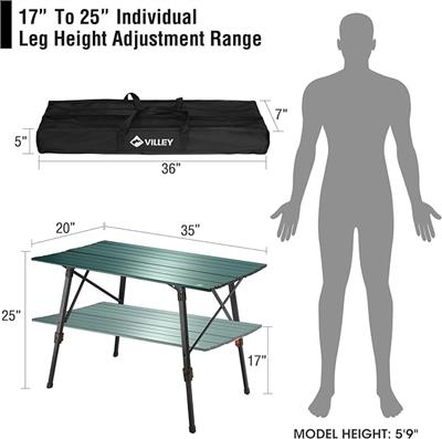 Amazon.com : VILLEY Portable Camping Table with Adjustable Legs, Lightweight Aluminum Folding Beach Table with Carrying Bag for Outdoor Cooking, Picni