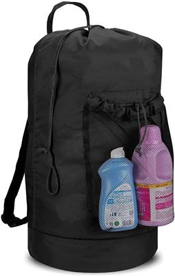 2BK Backpack Laundry Bag, Laundry Backpack with Shoulder Straps and Mesh Pocket Durable Nylon Backpack Clothes Hamper Bag with Drawstring Closure for