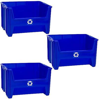 ReadySpace Commercial Industrial Heavy Duty Stackable Open-Front Recycling Bin Box Containers, 12.5 Gallon (Pack of 3), Blue