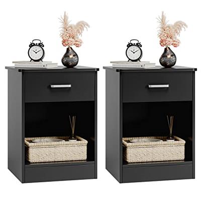 FOTOSOK Nightstand, Set of 2, 2-Tier Side Table with Drawer and Storage Shelf, Bedside Table End Table, Modern Night Stand for Bedroom, Home Office,Bl