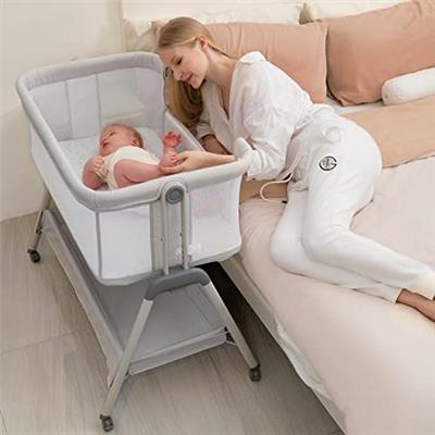 ANGELBLISS Baby Bassinet Bedside Sleeper, Easy Folding Portable Bassinet for Baby with Wheels, Adjustable Height, Included Mattress (Beige)