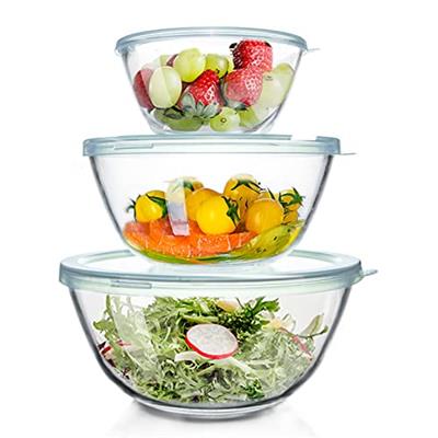 WhiteRhino Glass Mixing Bowls with Lids Set of 3（4.5QT,2.7QT, 1.1QT, Large Kitchen Salad Bowls, Space-Saving Nesting Bowls, Round Glass Serving Bowls