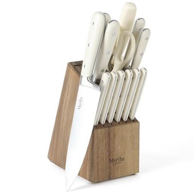 MARTHA STEWART Eastwalk 14 Piece High Carbon Stainless Steel Cutlery Knife Block Set w/ABS Triple Riveted Forged Handle Acacia Wood Block - Linen Whit