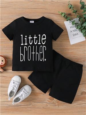 Baby Boy Little Brother Letter Print Short Sleeve Simple Style Outfit Set For Spring And Summer