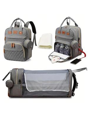 1pc Gray Diaper Bag Large Capacity Mummy Bag, Portable Travel Baby Bed Bag