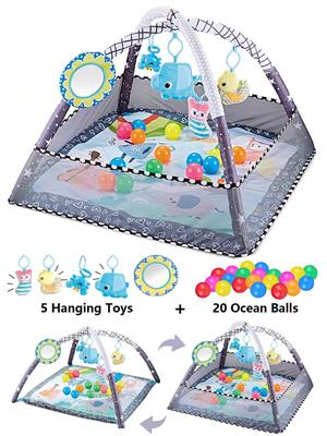 Lyntimo Baby Play Gym & Activity Mat, Tummy Time Baby Play Mat With 5 Detachable Toys & 20 Ocean Balls, Baby Activity Gym Center Promote Visual, Heari