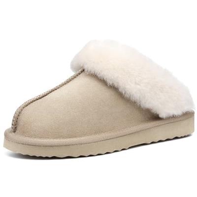 LazyStep Womens Madge Fuzzy Scuff Slippers with Comfort Memory Foam, Slip-on Warm Outdoor Indoor House Shoes(Parchment, Size 7-8)