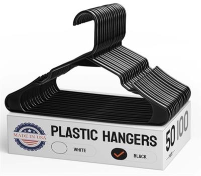 Pretigo 50 Pack Black Plastic Hangers Bulk | 50 100 Pack Available | Clothes Hangers Plastic, Black Hangers Plastic, Lightweight Plastic Hanger as Clo