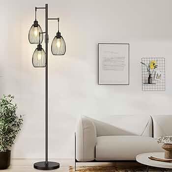 Dimmable Floor Lamp, 3 x 800LM LED Edison Bulbs Included, Farmhouse Industrial Floor Lamp Standing Tree Lamp with Elegant Teardrop Cage Tall Lamps for